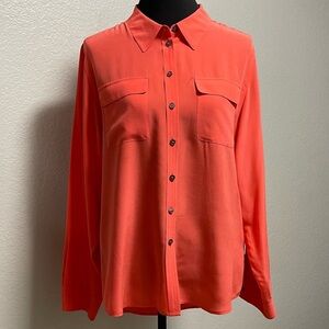 Two by Vince Camuto Bright Coral Long Sleeve Button Down 100% Silk MEDIUM
